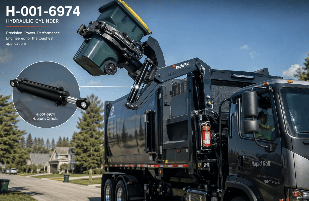 H-001-6974 grabber cylinder installed on Rapid Rail side loader garbage truck