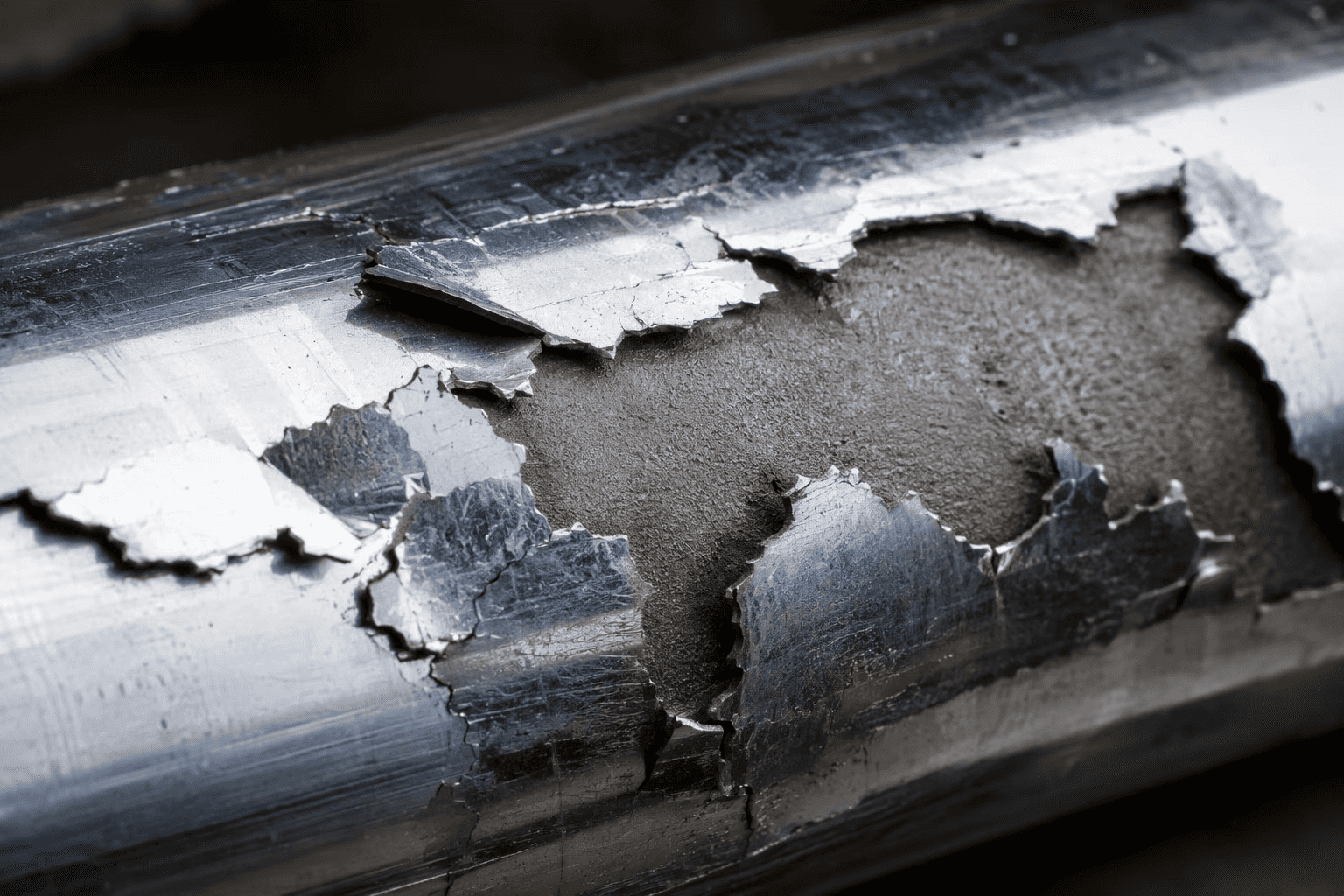 Macro photography of hydraulic rod egg-shelling and plating delamination