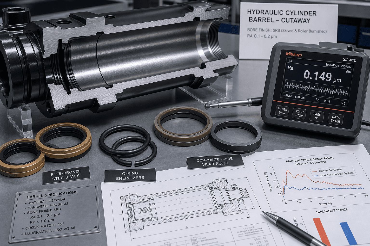 Skived and roller burnished cylinder tube cross section with low-breakout PTFE-bronze step seals and digital profilometer